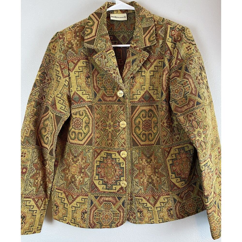 Vintage Appleseed Sz M? Gold Multi Tapestry Button Front Notch Collar Blazer